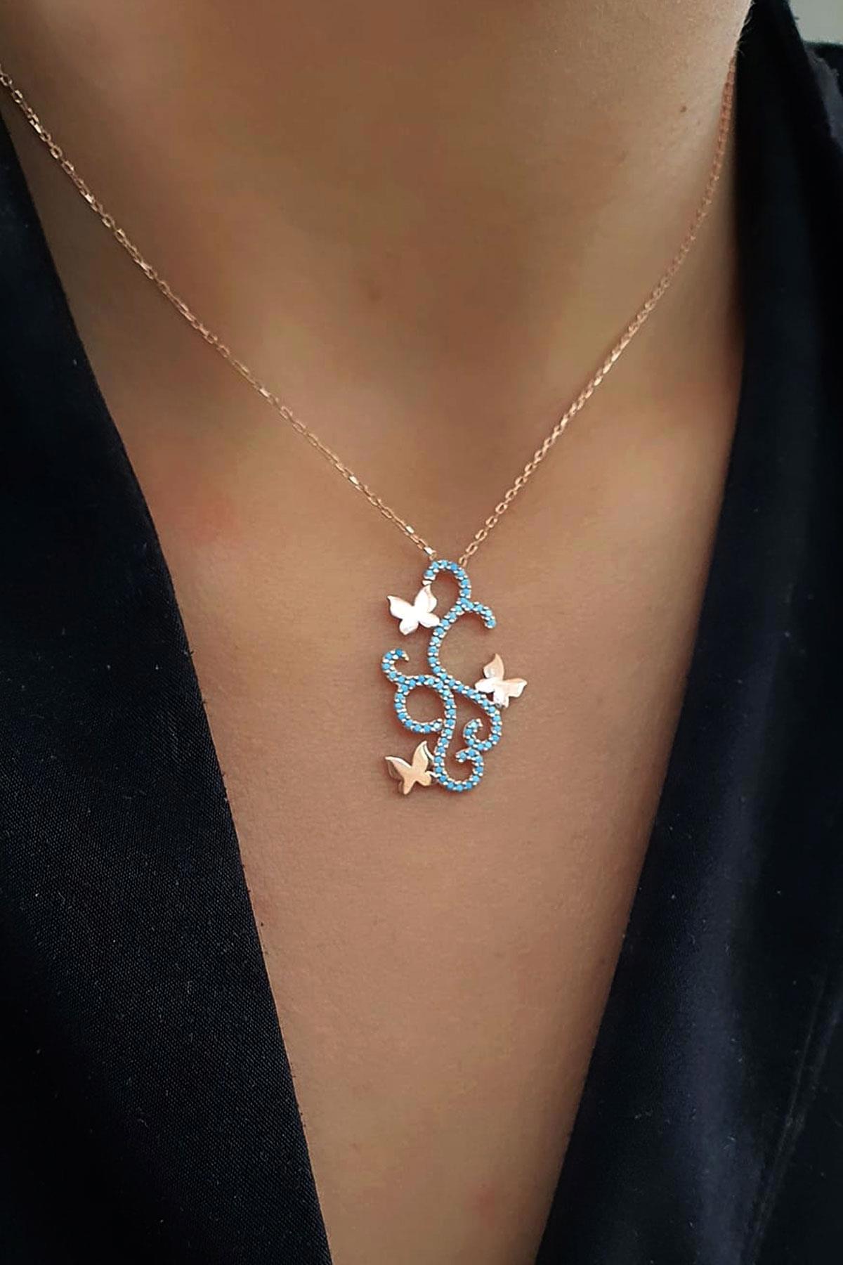 Oseshop Kelebekli Turkuaz Firuze Taşlı 925 Ayar Altın Kaplama Forse Zincir Kadın Gümüş Kolye 45 cm