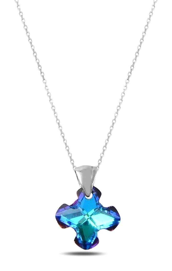 Silverlina Yıldızlı Mavi Kristal Taşlı 925 Ayar Kararmayan Forse Zincir Kadın Gümüş Kolye 45 cm
