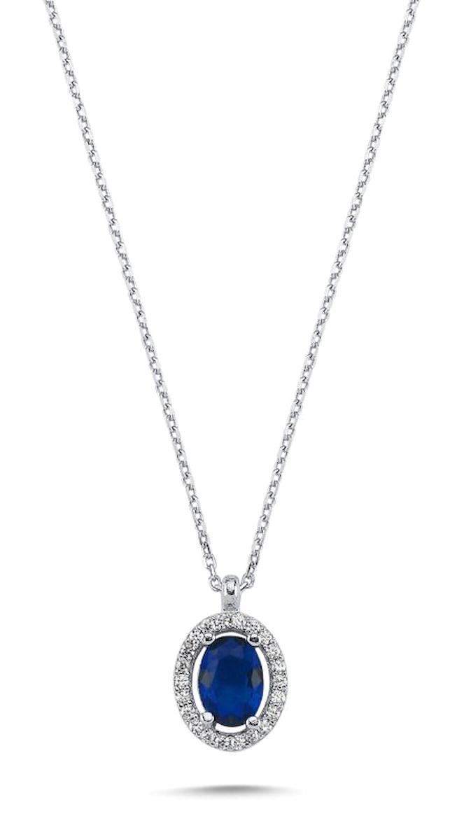 Silverlina Oval Beyaz-Mavi Safir - Zirkon Taşlı 925 Ayar Kararmayan Forse Zincir Kadın Gümüş Kolye 45 cm