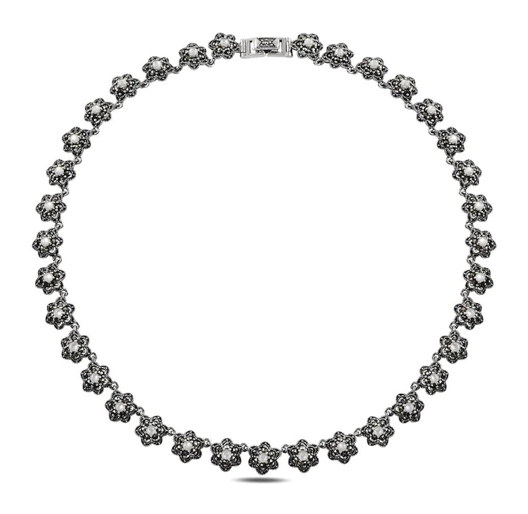 Silverlina Çiçekli Beyaz Sedef Taşlı 925 Ayar Kararmayan Zincir Kadın Gümüş Kolye 45 cm