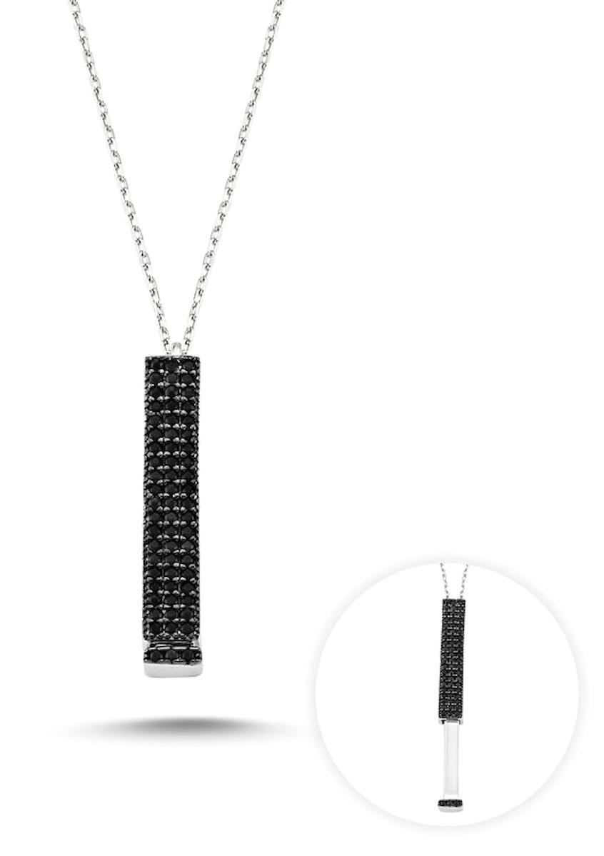 Silverlina Kapaklı Çubuklu Siyah Zirkon Taşlı 925 Ayar Kararmayan Forse Zincir Gümüş Kolye 45 cm