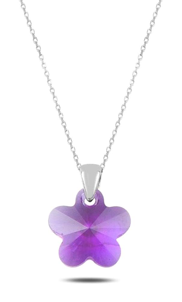 Silverlina Papatyalı Mor Kristal Taşlı 925 Ayar Kararmayan Forse Zincir Kadın Gümüş Kolye 45 cm