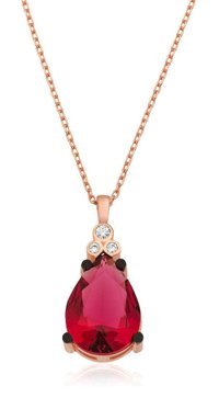 Gumush Damla Kırmızı Topaz Taşlı 925 Ayar Altın Kaplama Kararmayan Forse Zincir Kadın Gümüş Kolye 45 cm