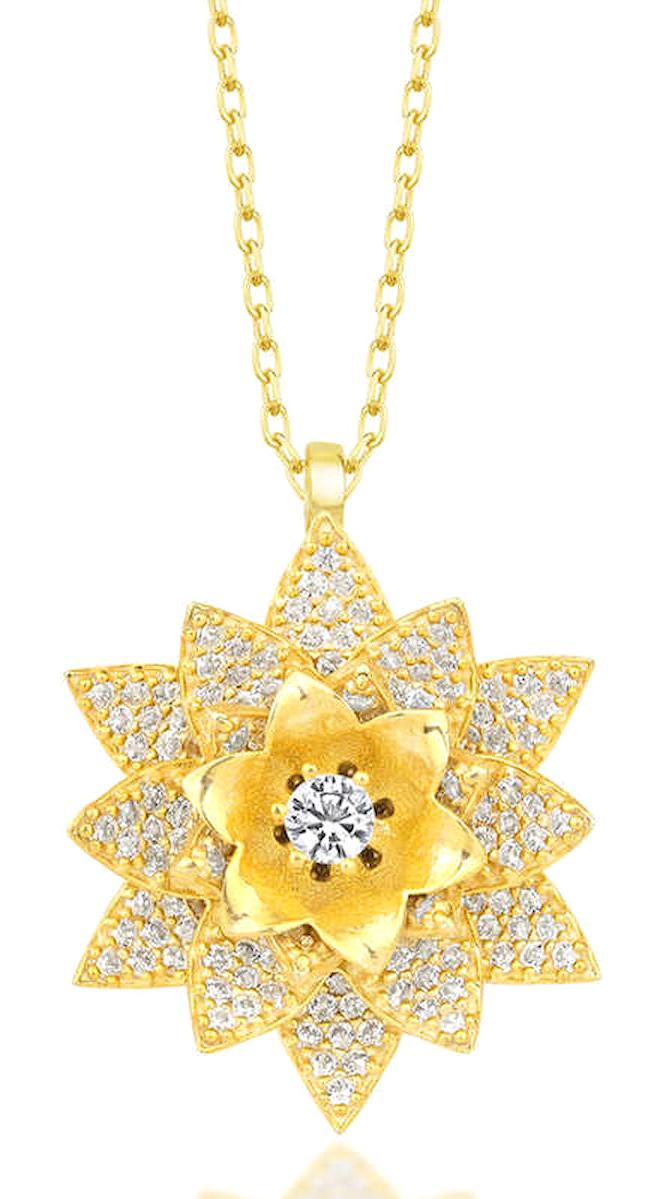 Silverlina Lotus Çiçekli Beyaz Taşlı 925 Ayar Altın Kaplama Kararmayan Forse Zincir Kadın Gümüş Kolye 45 cm