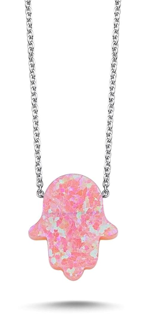 Silverlina Fatma Ana Elli Pembe Opal Taşlı 925 Ayar Kararmayan Forse Zincir Kadın Gümüş Kolye 45 cm