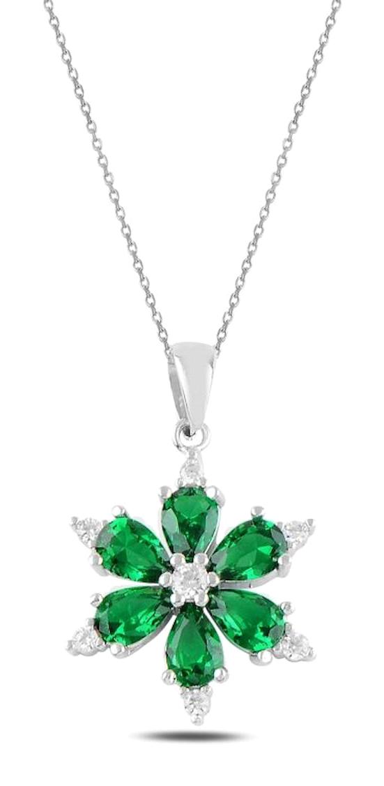 Silverlina Lotus Çiçekli Beyaz - Yeşil Zirkon Taşlı 925 Ayar Kararmayan Forse Zincir Kadın Gümüş Kolye 45 cm