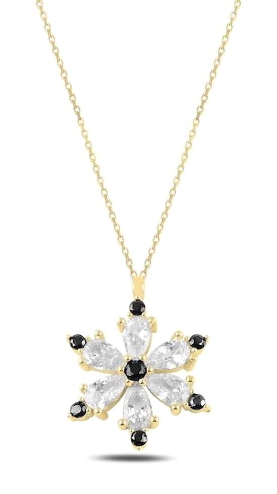Silverlina Lotus Çiçekli Beyaz - Siyah Zirkon Taşlı 925 Ayar Altın Kaplama Kararmayan Forse Zincir Kadın Gümüş Kolye 45 cm