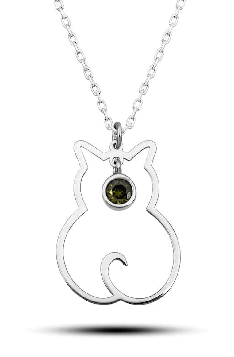 Silverlina Kedili Yeşil Peridottur Taşı Taşlı 925 Ayar Kararmayan Forse Zincir Kadın Gümüş Kolye 45 cm