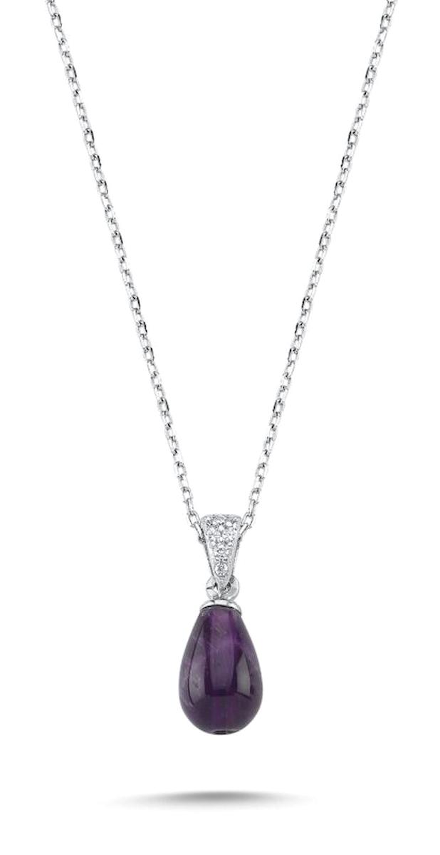 Silverlina Damla Mor Ametist - Zirkon Taşlı 925 Ayar Kararmayan Forse Zincir Kadın Gümüş Kolye 45 cm