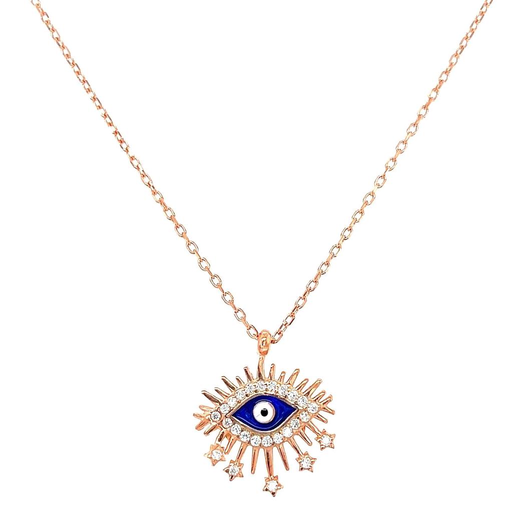 Tahal Kuyumculuk Gözlü Beyaz-Mavi Swarovski Taşlı 925 Ayar Altın Kaplama Kararmayan Forse Zincir Kadın Gümüş Kolye 45 cm