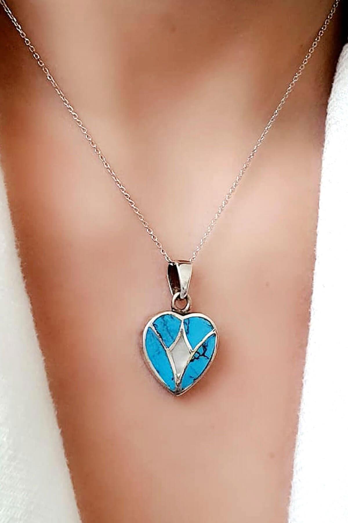 Oseshop Kalpli Turkuaz Sedef Taşlı 925 Ayar Kararmayan Forse Zincir Kadın Gümüş Kolye 45 cm