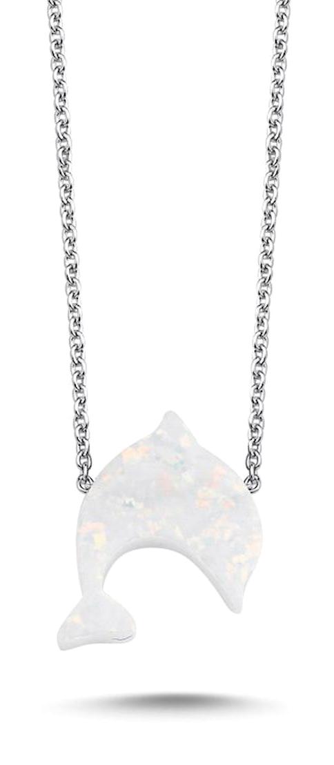 Silverlina Yunus Balıklı Beyaz Opal Taşlı 925 Ayar Kararmayan Forse Zincir Gümüş Kolye 45 cm