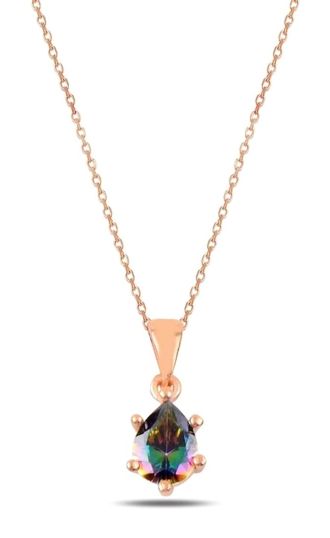 Silverlina Damla Çok Renkli Topaz - Zirkon Taşlı 925 Ayar Altın Kaplama Kararmayan Forse Zincir Kadın Gümüş Kolye 45 cm