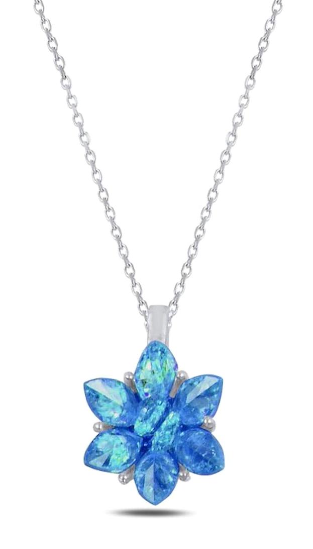 Silverlina Lotus Çiçekli Mavi Zirkon Taşlı 925 Ayar Kararmayan Forse Zincir Kadın Gümüş Kolye 45 cm