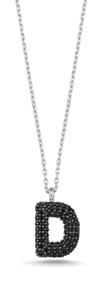 Silverlina Hayalet Siyah Zirkon Taşlı D Harfli 925 Ayar Kararmayan Forse Zincir Kadın Gümüş Kolye 45 cm