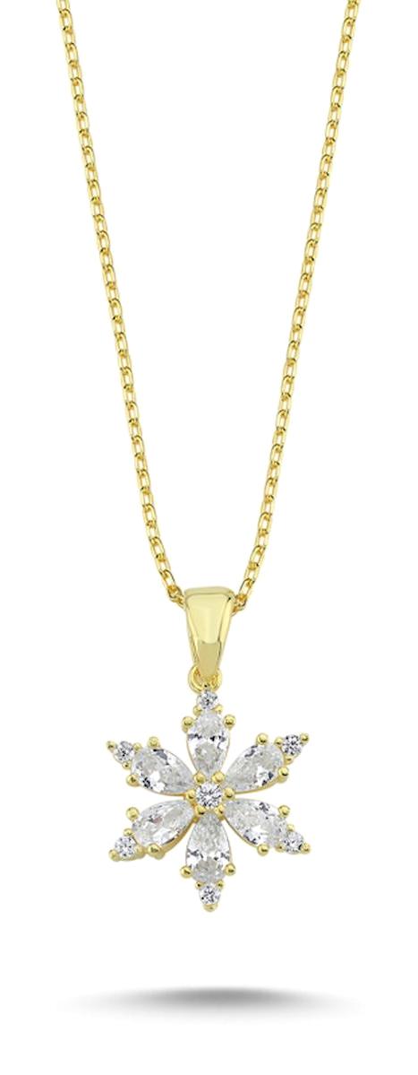 Silverlina Lotus Çiçekli Beyaz Zirkon Taşlı 925 Ayar Altın Kaplama Kararmayan Forse Zincir Kadın Gümüş Kolye 45 cm