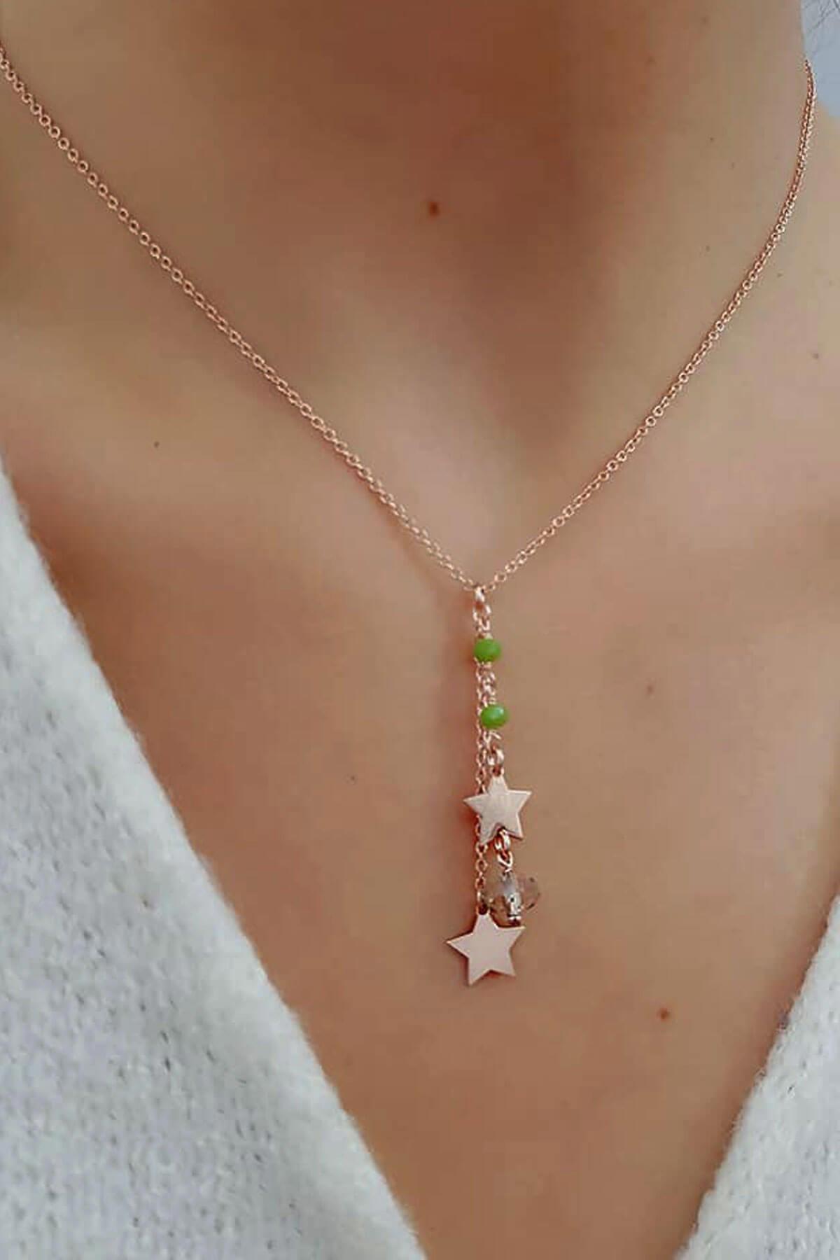 Oseshop Yıldızlı Beyaz Swarovski Taşlı 925 Ayar Altın Kaplama Kararmayan Forse Zincir Kadın Gümüş Kolye 45 cm