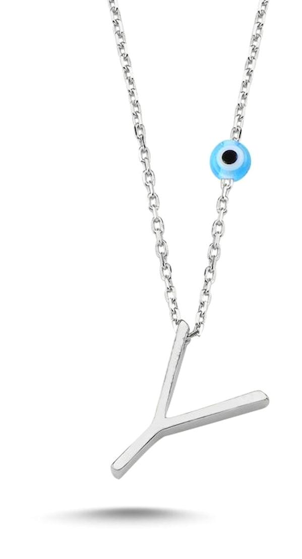 Silverlina Hayalet Mavi Y Harfli 925 Ayar Kararmayan Forse Zincir Kadın Gümüş Kolye 45 cm