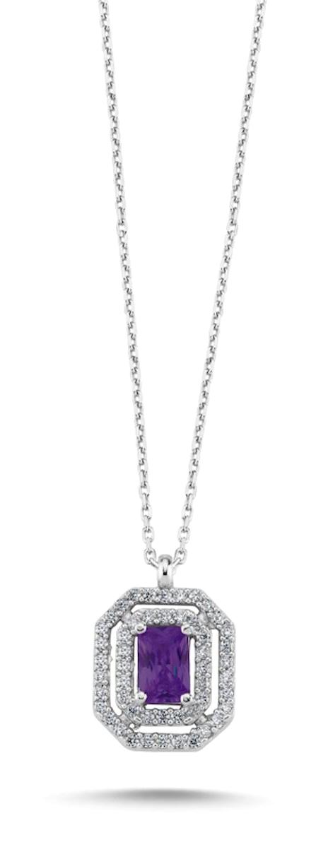 Silverlina Baget Beyaz-Mor Zirkon Taşlı 925 Ayar Kararmayan Forse Zincir Kadın Gümüş Kolye 45 cm