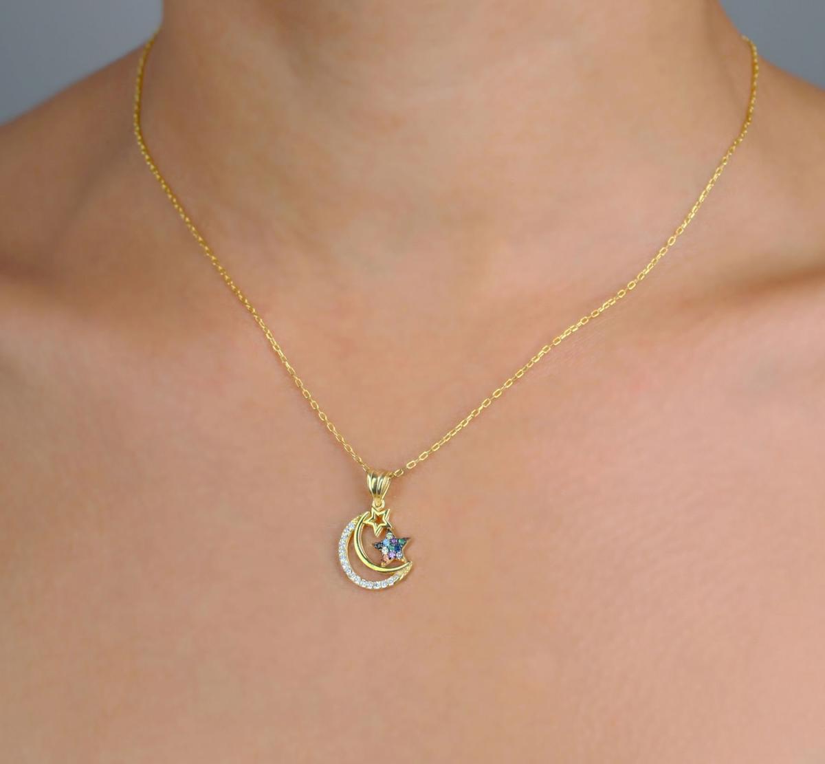 Tahal Kuyumculuk Ay Yıldızlı Beyaz-Mavi Swarovski Taşlı 925 Ayar Altın Kaplama Kararmayan Forse Zincir Kadın Gümüş Kolye 45 cm
