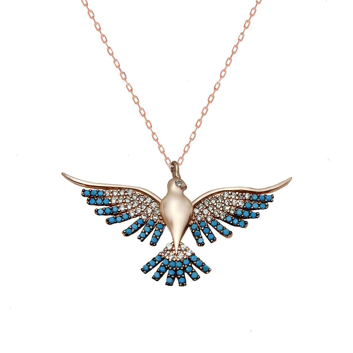 Chavin Jewelry Anka Kuşlu Beyaz-Mavi Zirkon Taşlı 925 Ayar Altın Kaplama Kararmayan Forse Zincir Kadın Gümüş Kolye 45 cm