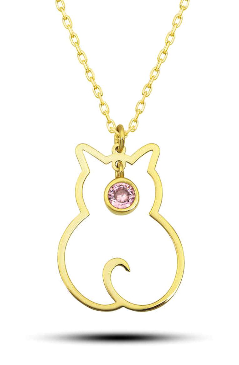 Silverlina Kedili Pembe Opal Taşlı 925 Ayar Altın Kaplama Kararmayan Forse Zincir Kadın Gümüş Kolye 45 cm