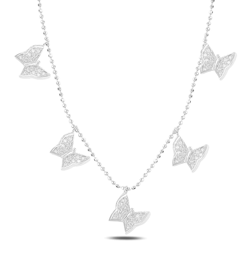 Silverlina Kelebekli Beyaz Zirkon Taşlı 925 Ayar Kararmayan Toplu Zincir Kadın Gümüş Kolye 45 cm