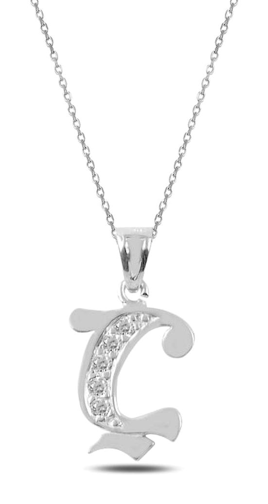 Silverlina Hayalet Beyaz Zirkon Taşlı Ç Harfli 925 Ayar Kararmayan Forse Zincir Kadın Gümüş Kolye 45 cm