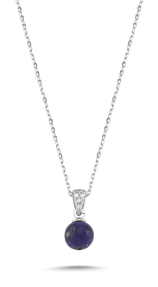Silverlina Yuvarlak Mavi Lapis Lazuli - Zirkon Taşlı 925 Ayar Kararmayan Forse Zincir Kadın Gümüş Kolye 45 cm