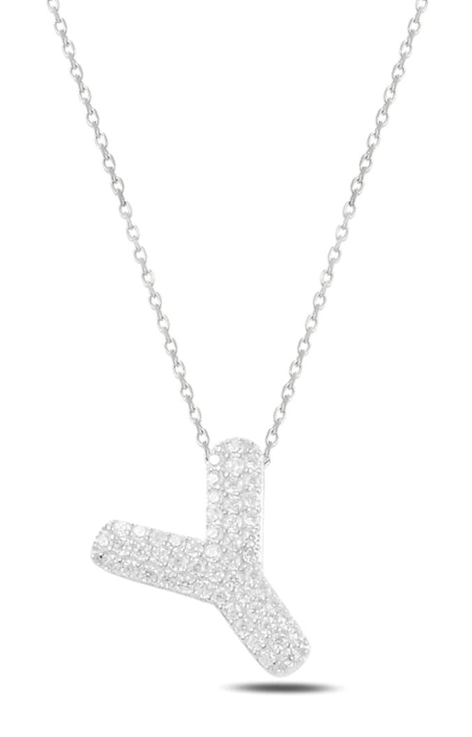Silverlina Hayalet Beyaz Zirkon Taşlı Y Harfli 925 Ayar Kararmayan Forse Zincir Kadın Gümüş Kolye 45 cm