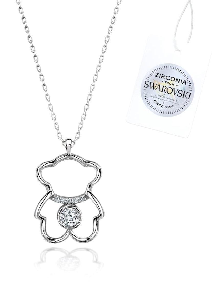 Silverlina Ayıcıklı Beyaz Swarovski - Zirkon Taşlı 925 Ayar Kararmayan Forse Zincir Kadın Gümüş Kolye 45 cm