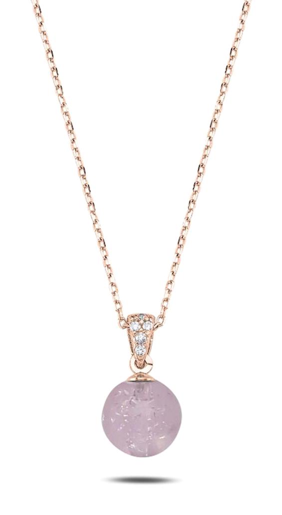 Silverlina Küre Beyaz-Pembe Doğal Taşlı 925 Ayar Altın Kaplama Kararmayan Forse Zincir Kadın Gümüş Kolye 45 cm