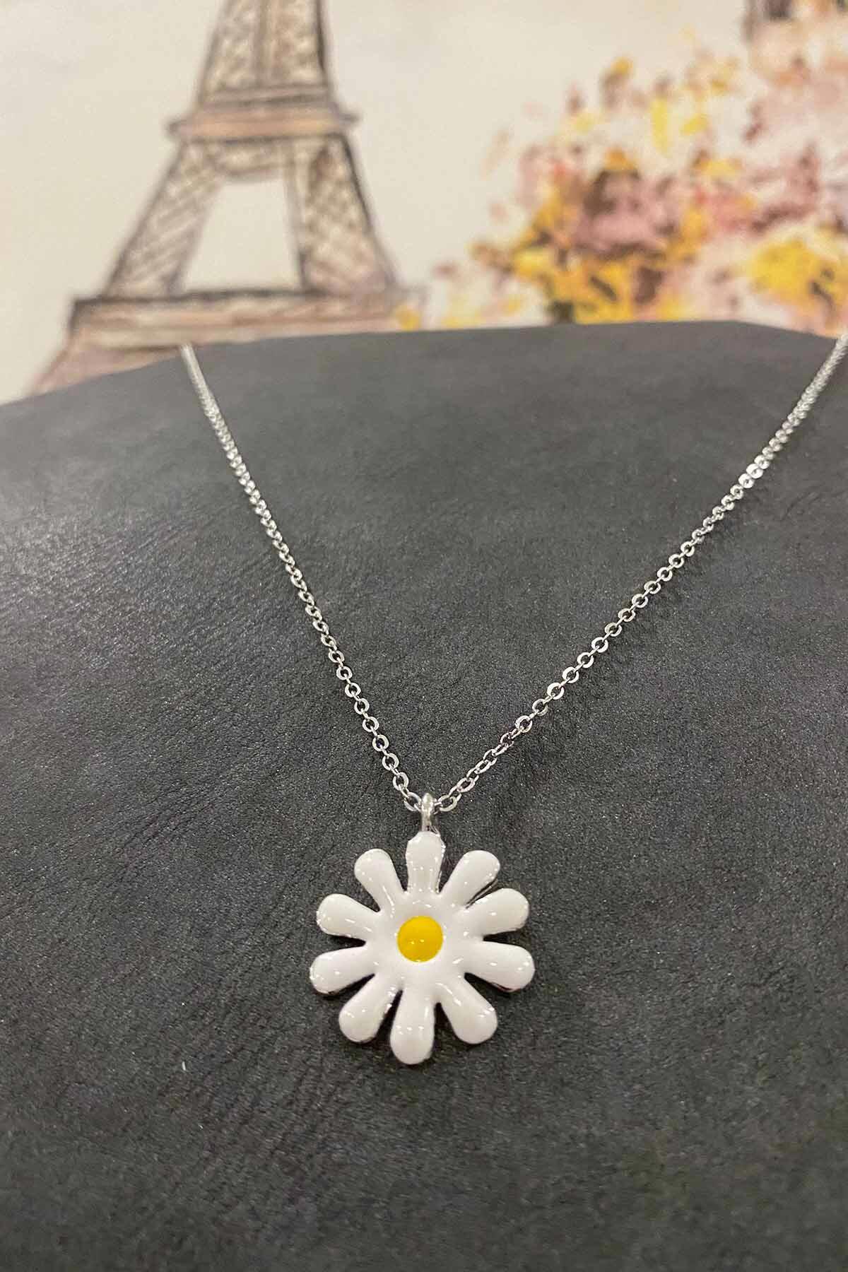 Hediye Paketim Papatyalı Beyaz - Sarı 925 Ayar Kararmayan Forse Zincir Kadın Gümüş Kolye 40 cm