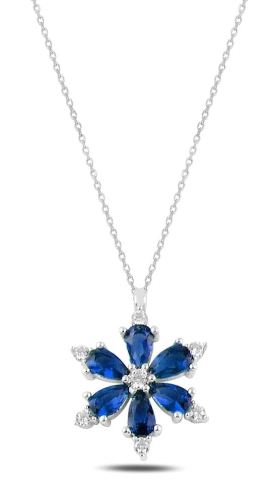 Silverlina Lotus Çiçekli Beyaz-Mavi Zirkon Taşlı 925 Ayar Kararmayan Forse Zincir Kadın Gümüş Kolye 45 cm