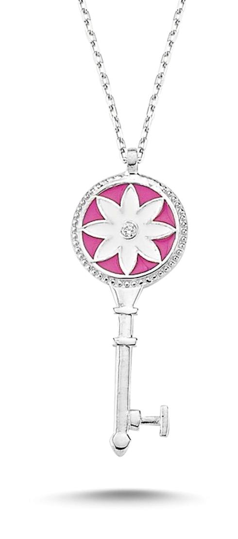Silverlina Anahtar Beyaz-Pembe Mine Taşlı 925 Ayar Kararmayan Forse Zincir Kadın Gümüş Kolye 45 cm