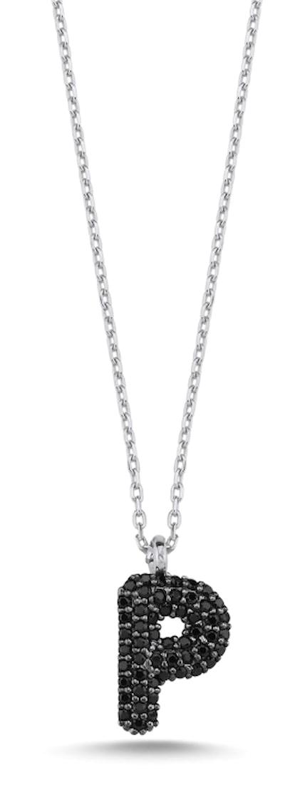 Silverlina Hayalet Siyah Zirkon Taşlı P Harfli 925 Ayar Kararmayan Forse Zincir Kadın Gümüş Kolye 45 cm