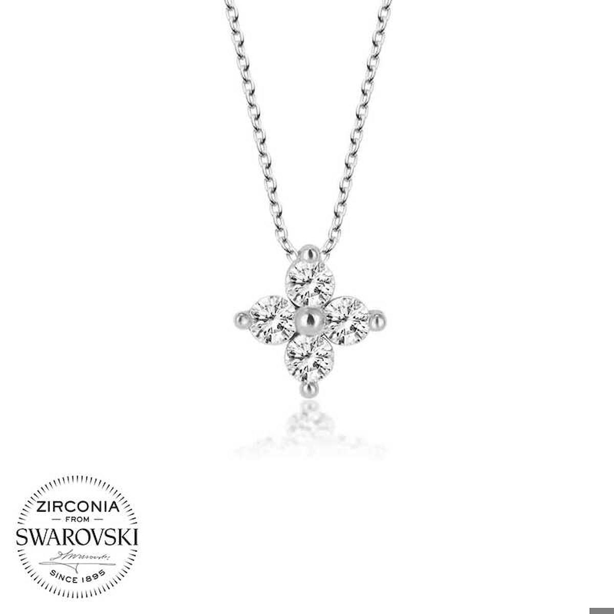 Ebuz Çiçek Beyaz Swarovski Taşlı 925 Ayar Kararmayan Çiçek Düz Zincir Kadın Gümüş Kolye 50 cm