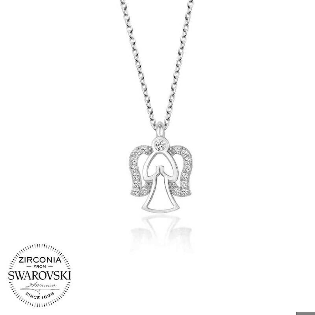 Ebuz Melek Beyaz Swarovski Taşlı 925 Ayar Kararmayan Düz Zincir Kadın Gümüş Kolye 50 cm