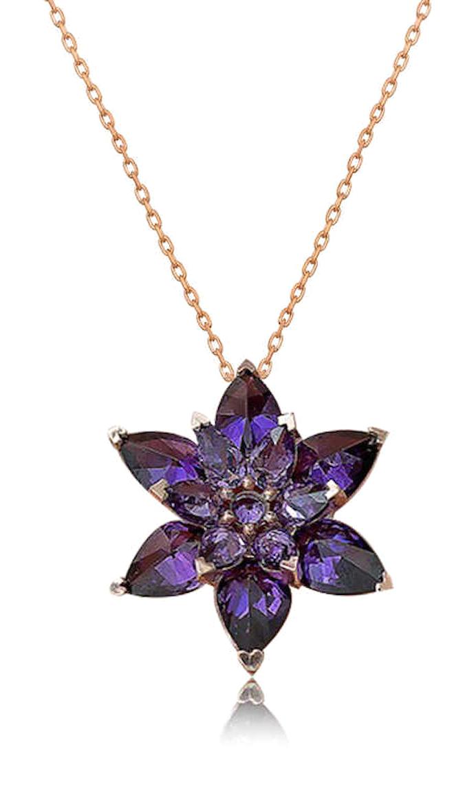 Ebuz Lotus Çiçeği Mor Zirkon Taşlı 925 Ayar Kararmayan Lotus Düz Zincir Kadın Gümüş Kolye 45 cm