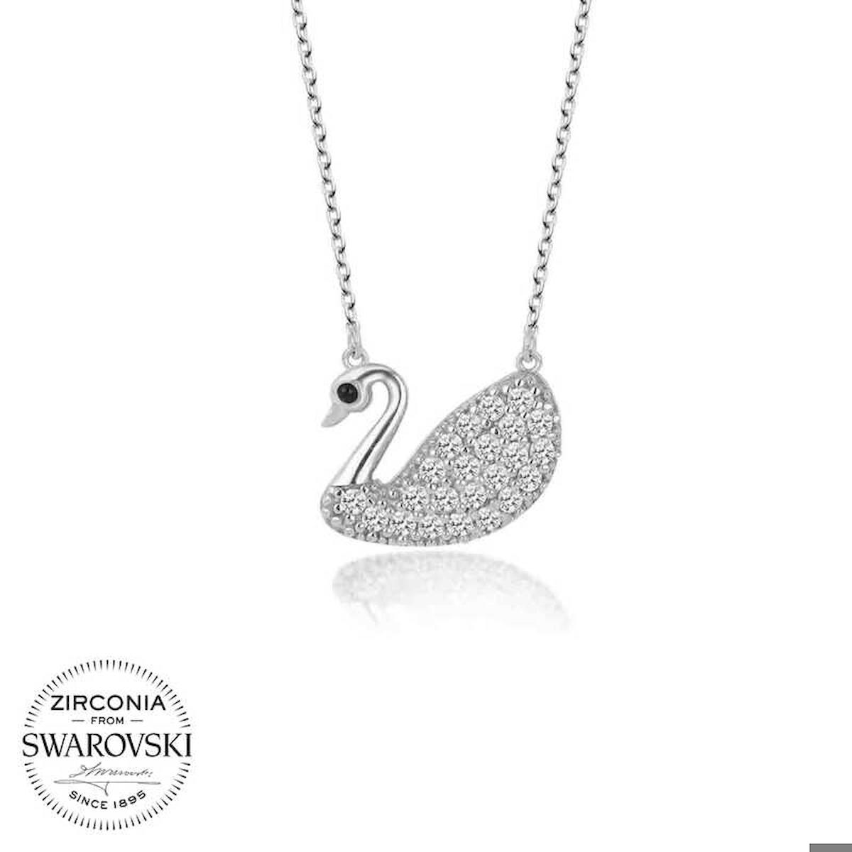 Ebuz Kuğu Beyaz Swarovski Taşlı 925 Ayar Kararmayan Kuğu Düz Zincir Kadın Gümüş Kolye 50 cm