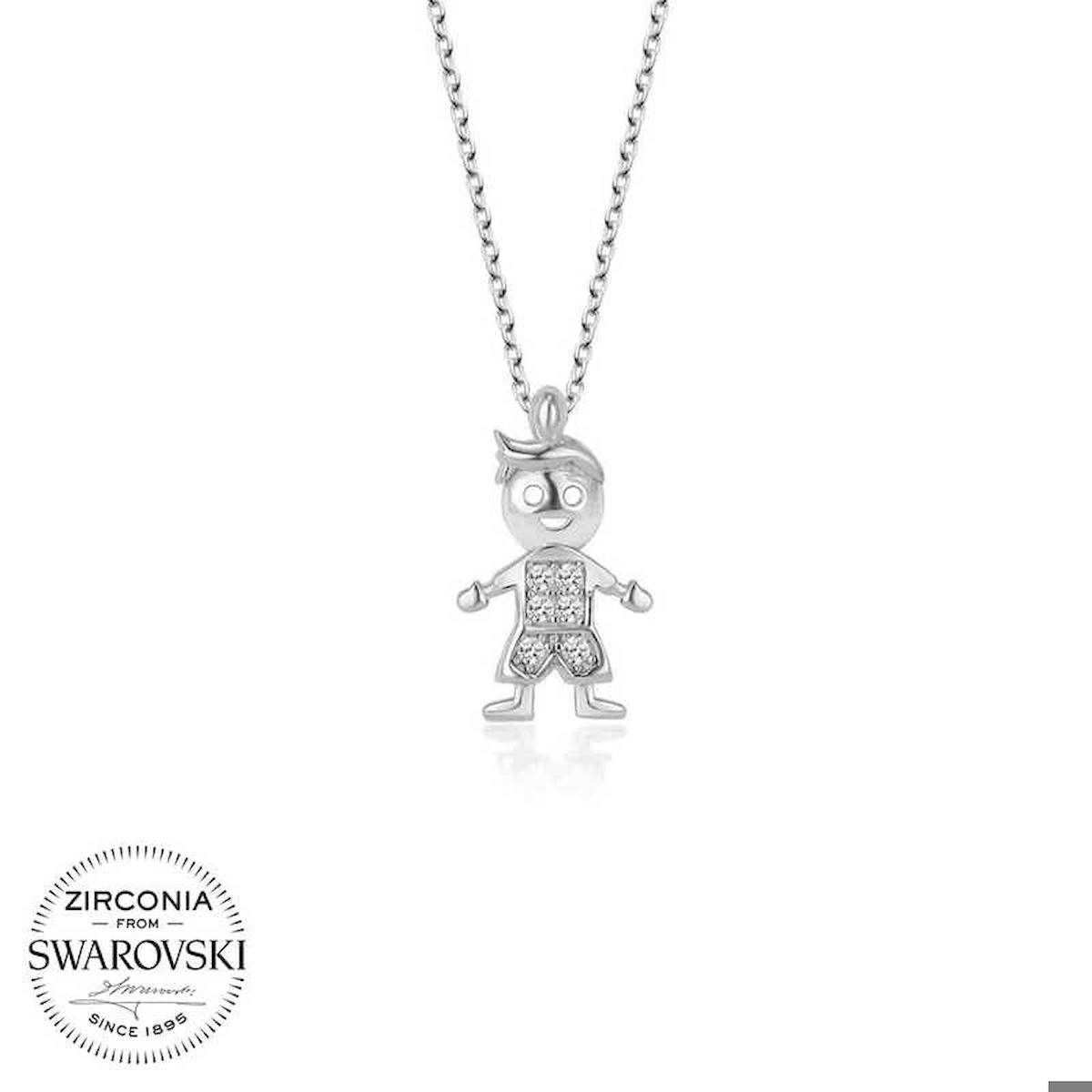 Ebuz Çocuk Beyaz Swarovski Taşlı 925 Ayar Kararmayan Figürlü Düz Zincir Kadın Gümüş Kolye 50 cm