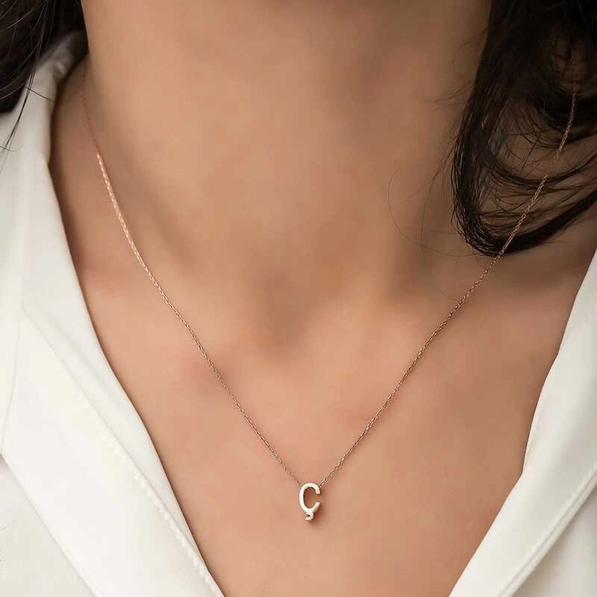 Gumush Ç Harfli Kararmayan Zincir Kadın Gümüş Kolye 45 cm