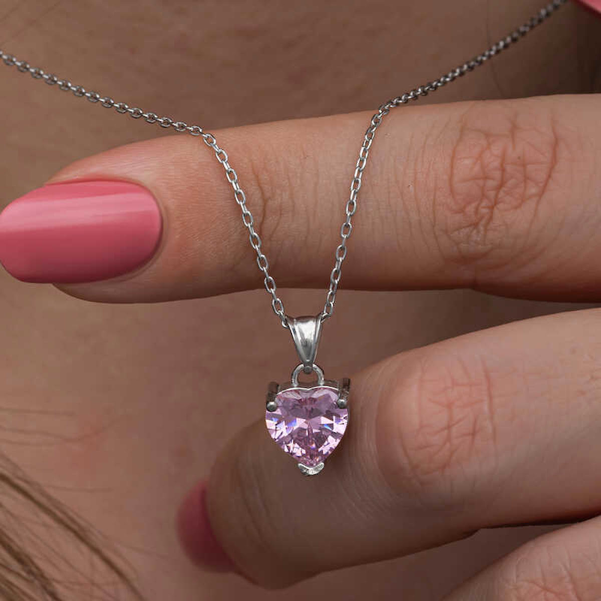 Ebuz Pembe Zirkon Taşlı Kararmayan Düz Zincir Kadın Gümüş Kolye 50 cm
