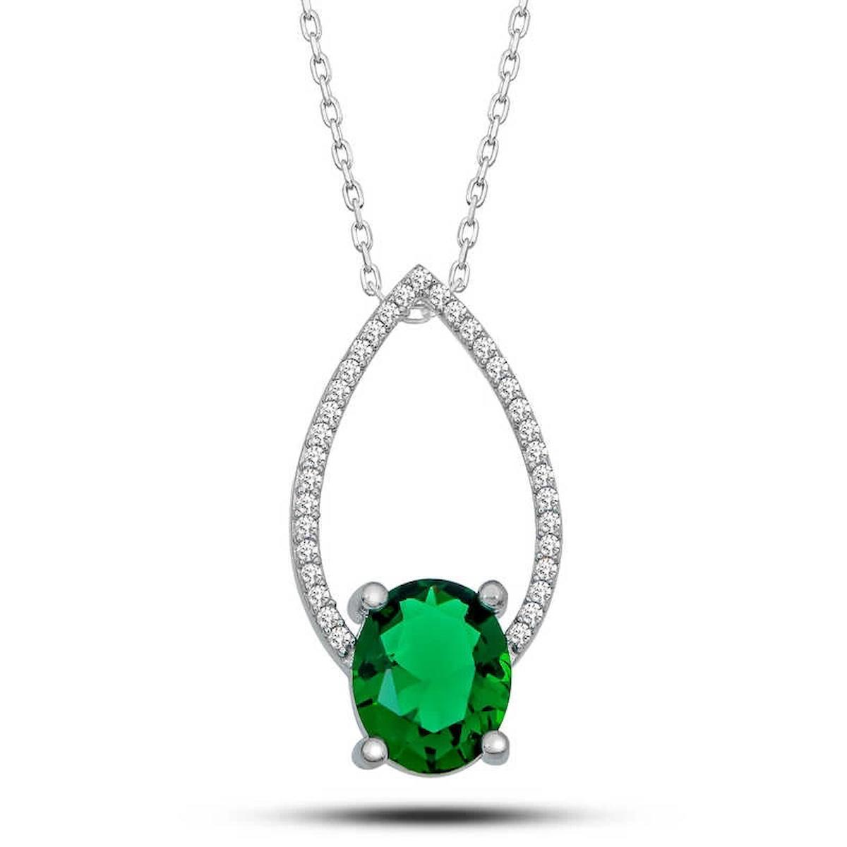 Gumush Beyaz-Yeşil Taşlı Kararmayan Zincir Kadın Gümüş Kolye 45 cm