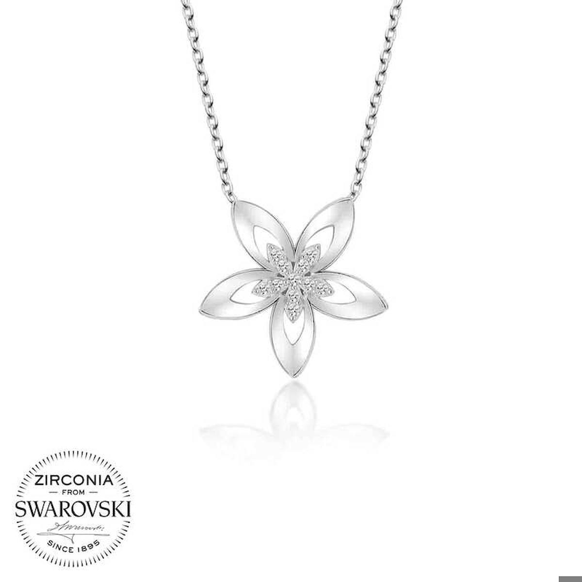 Ebuz Çiçek Beyaz Swarovski Taşlı 925 Ayar Kararmayan Düz Zincir Kadın Gümüş Kolye 50 cm