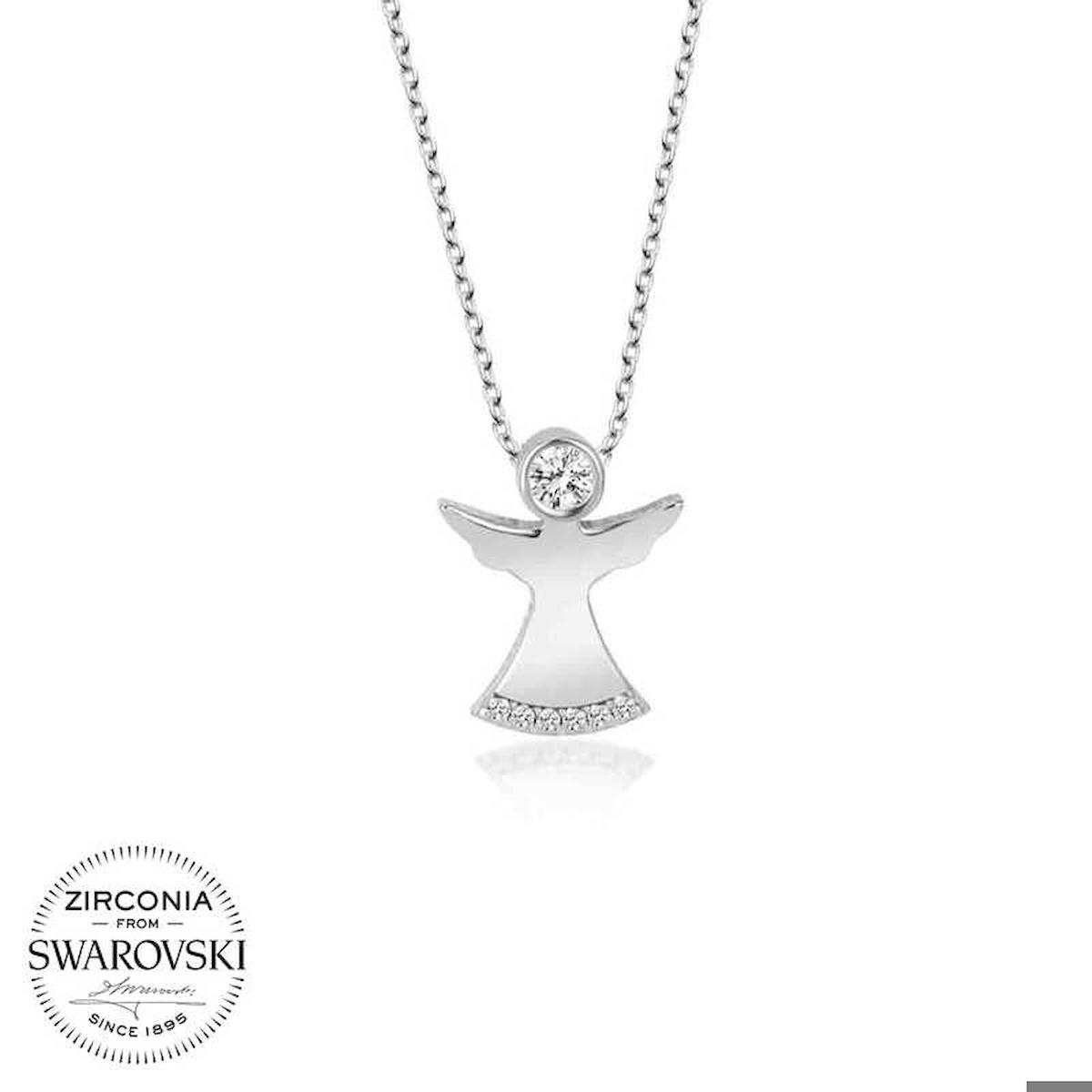 Ebuz Melek Beyaz Swarovski Taşlı 925 Ayar Kararmayan Figürlü Düz Zincir Kadın Gümüş Kolye 50 cm