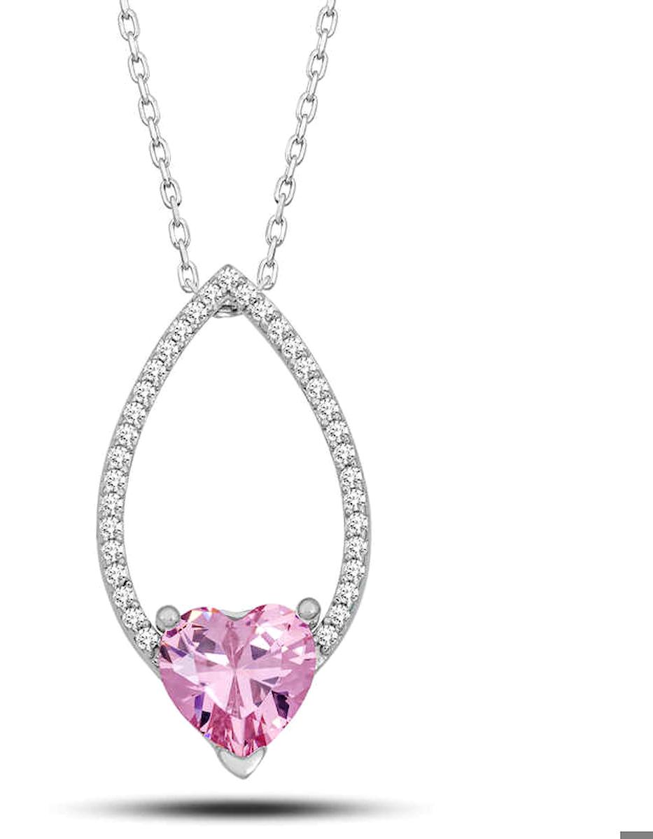 Ebuz Pembe Zirkon Taşlı Kararmayan Damla Düz Zincir Kadın Gümüş Kolye 45 cm
