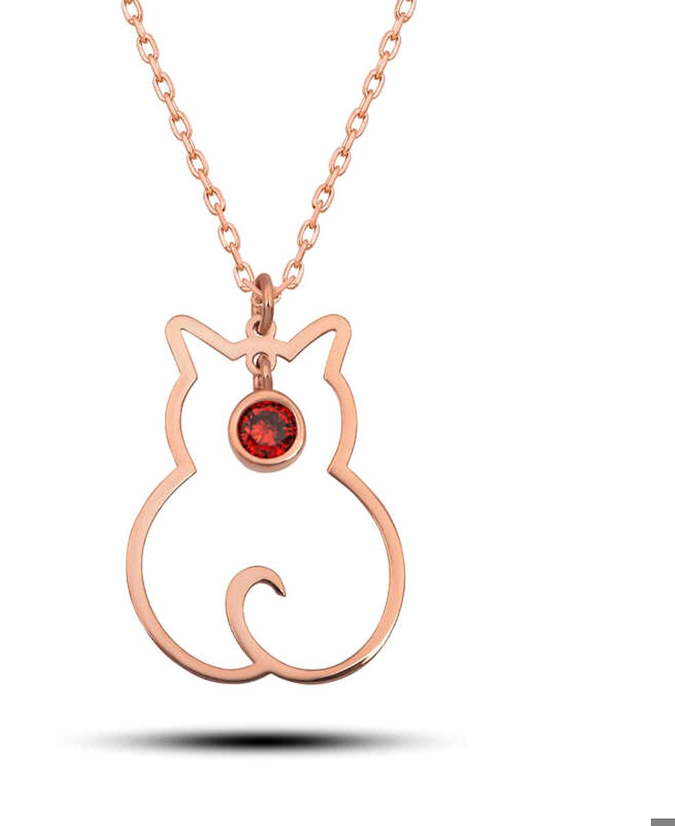 Ebuz Kedi Kırmızı Garnet Taşlı 925 Ayar Kararmayan Hayvan Düz Zincir Kadın Gümüş Kolye 45 cm