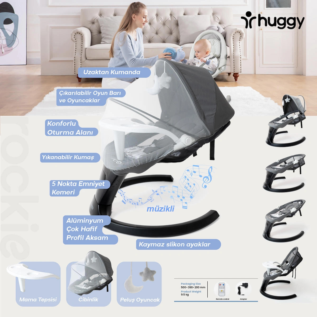 Huggy Rockie Sallanan Titreşimli Oyuncaklı Müzikli 3 Kademeli Elektrikli Ana Kucağı