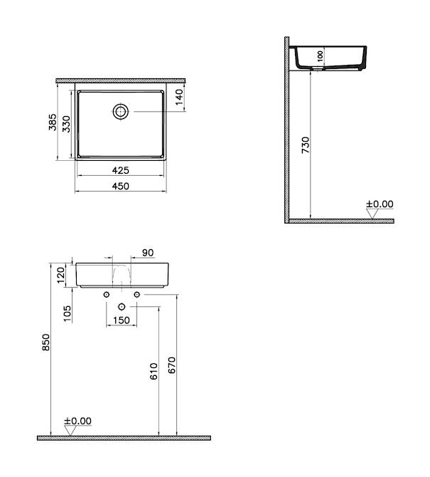 Vitra Archiplan Klasik Tekli 45 cm Seramik Tezgah Üstü Dikdörtgen Lavabo Taş Grisi